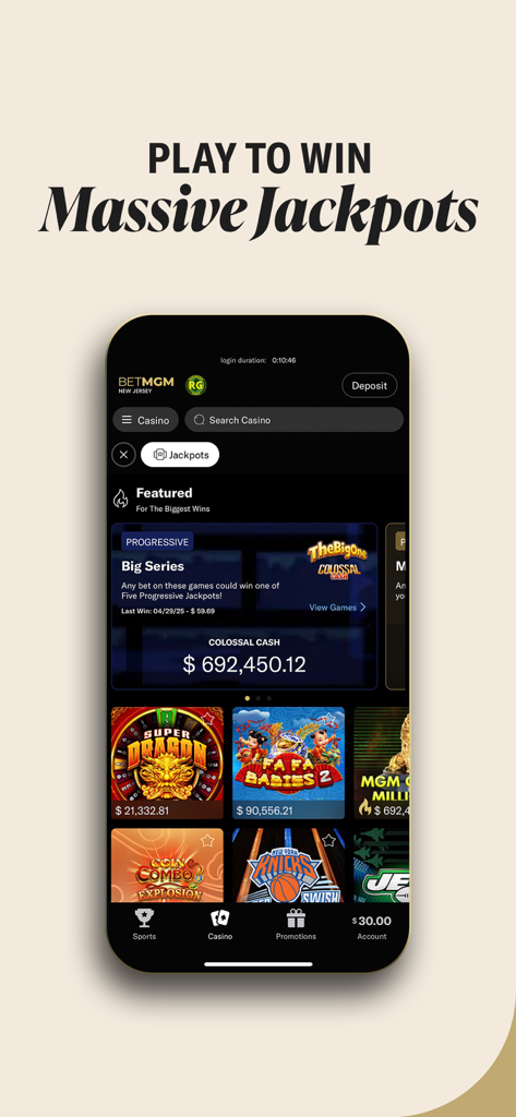 Interface do aplicativo móvel BetMGM Casino mostrando jackpots progressivos em destaque e jogos de slot populares como Super Dragon e Fa Fa Babies 2