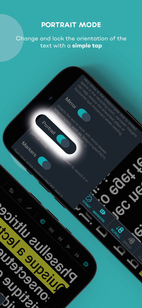 TeleprompterPAD - Interface do aplicativo TeleprompterPAD mostrando o botão do Modo Retrato e as configurações de orientação do texto