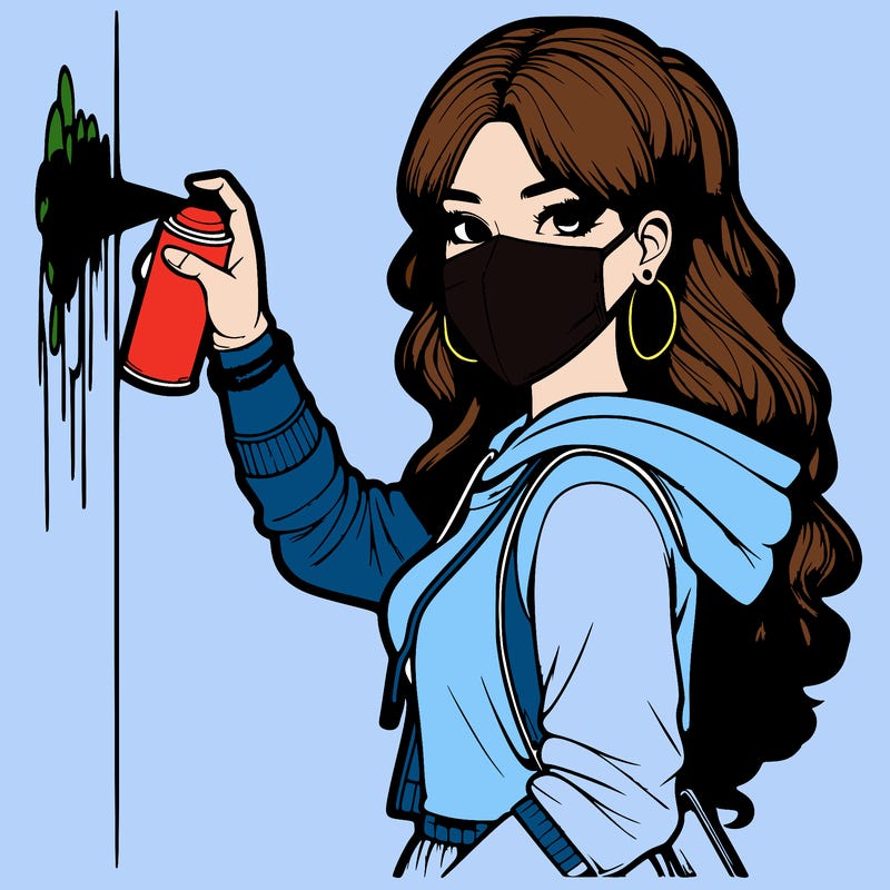 realistic girl with mask spray painting a wall