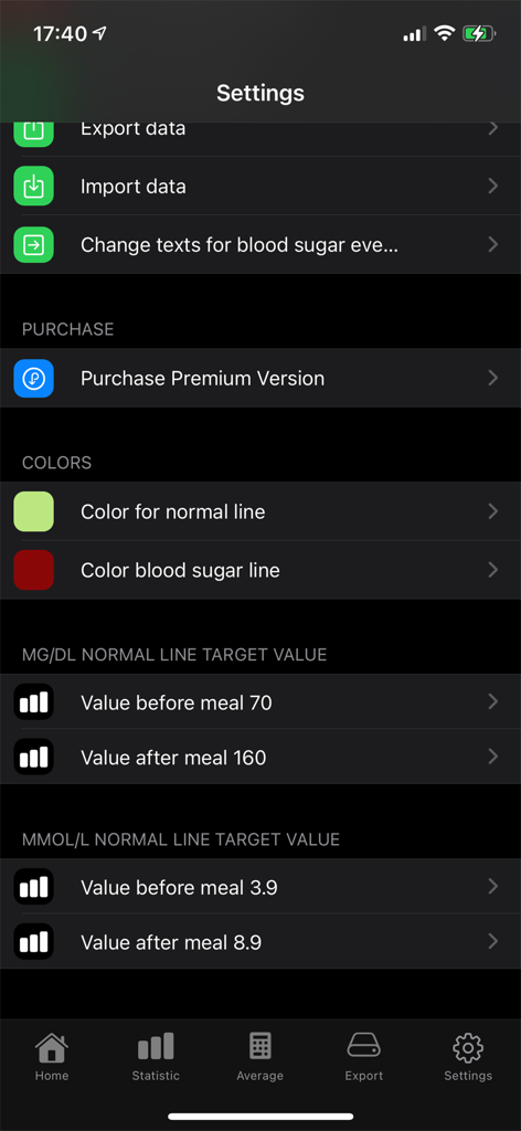Settings screen of the blood sugar diary app displaying data export and glucose target value options in dark mode