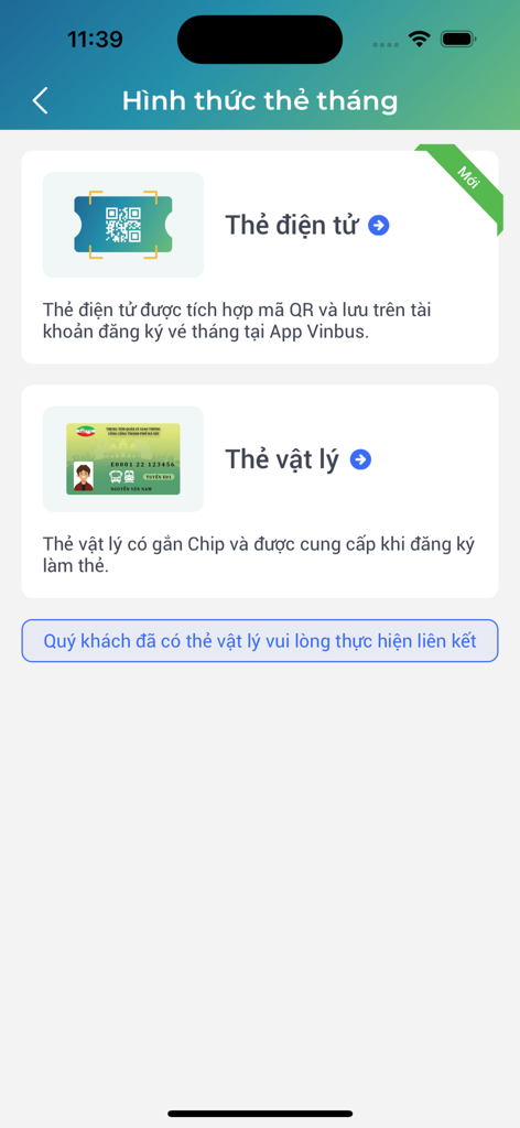 VinBus app screen for choosing between digital and physical monthly bus passes