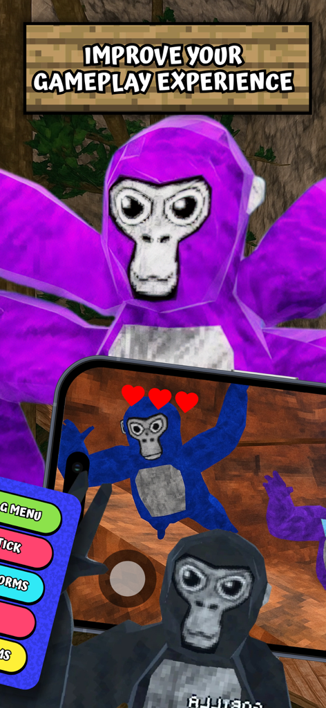 Gorilla Tag Hunting Maps, Mods - A mobile interface showcasing Gorilla Tag character skins and gameplay customization options