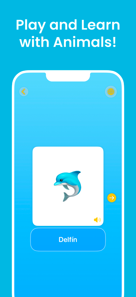 KM Animal Sounds: Learn & Play - KM Animal Sounds app interface displaying a dolphin and its Spanish name Delfin