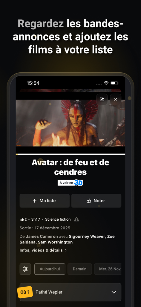 Interfaz de la aplicación Pathé France que muestra los detalles de la película y el tráiler de Avatar con opciones para añadir a la lista de seguimiento