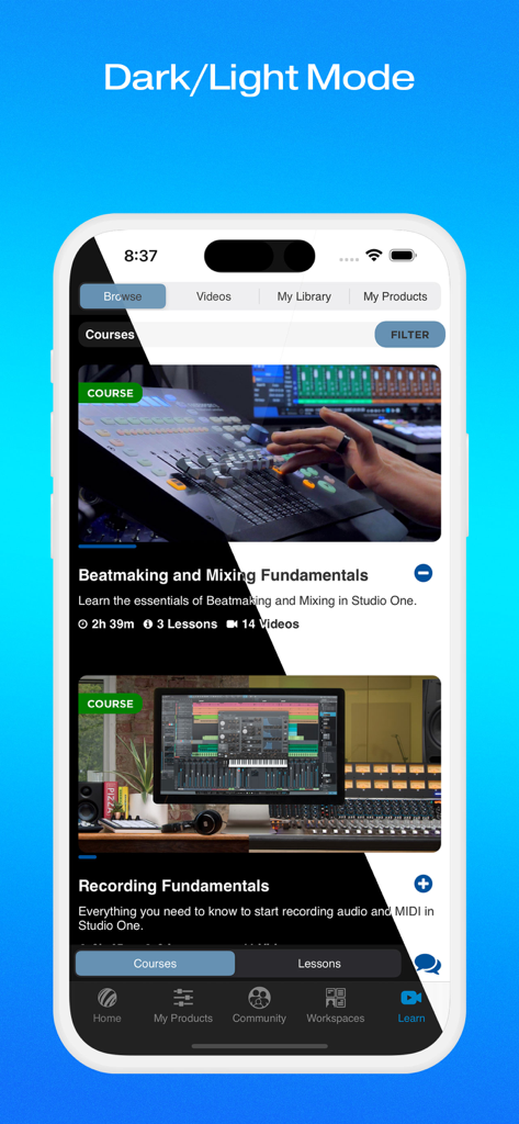 MyPreSonus - 音楽制作コース用のダークモードとライトモードを表示するMyPreSonusアプリインターフェース