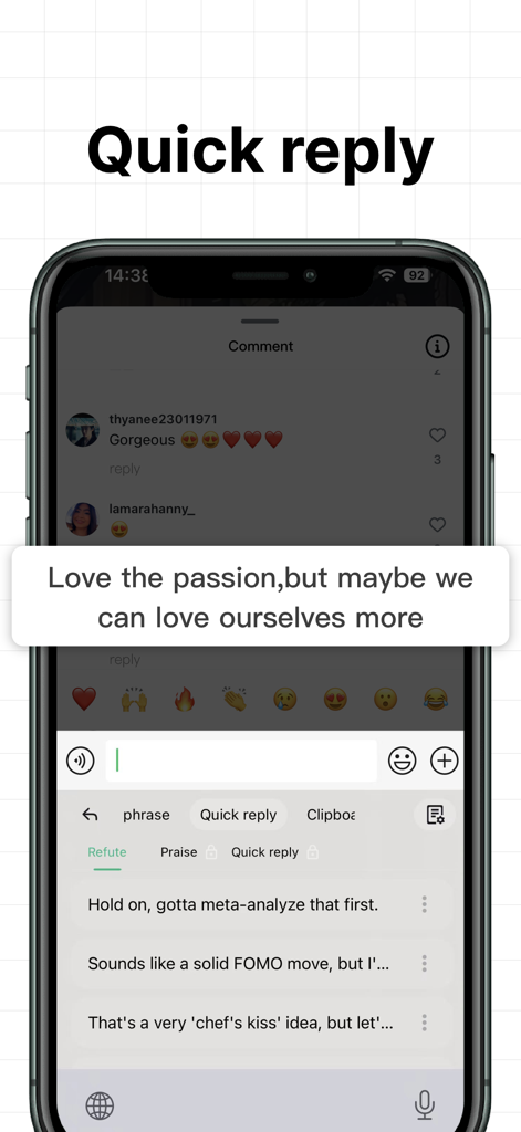 L'app Font per Tastiera mostra la funzionalità di Risposta Rapida con frasi predefinite per i social media.