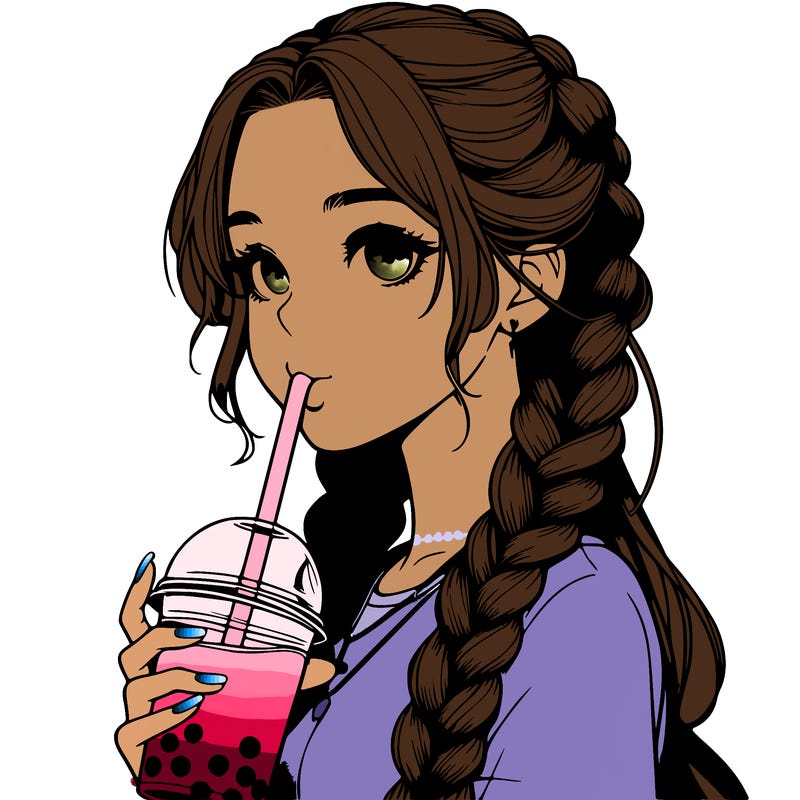 realistic girl with braided hair drinking boba