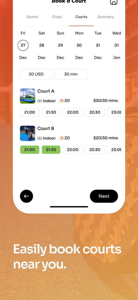 Sportciety mobile app screen showing how to book sports courts with available time slots and pricing