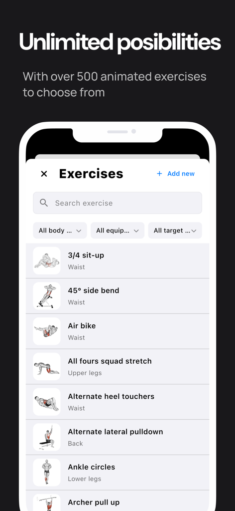 Pumped Workout Tracker Gym Log - A mobile screen showing a comprehensive library of animated exercises with search and filter options in the Pumped app