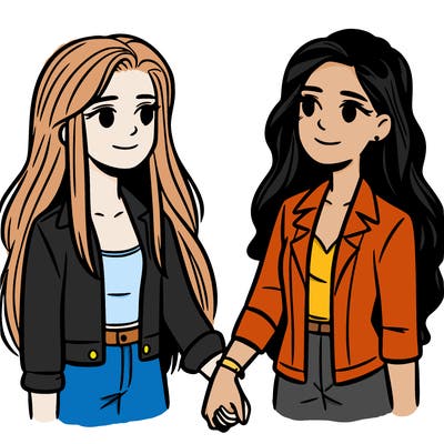 two teen girls holding hands, one with long hair and the other with shorter hair