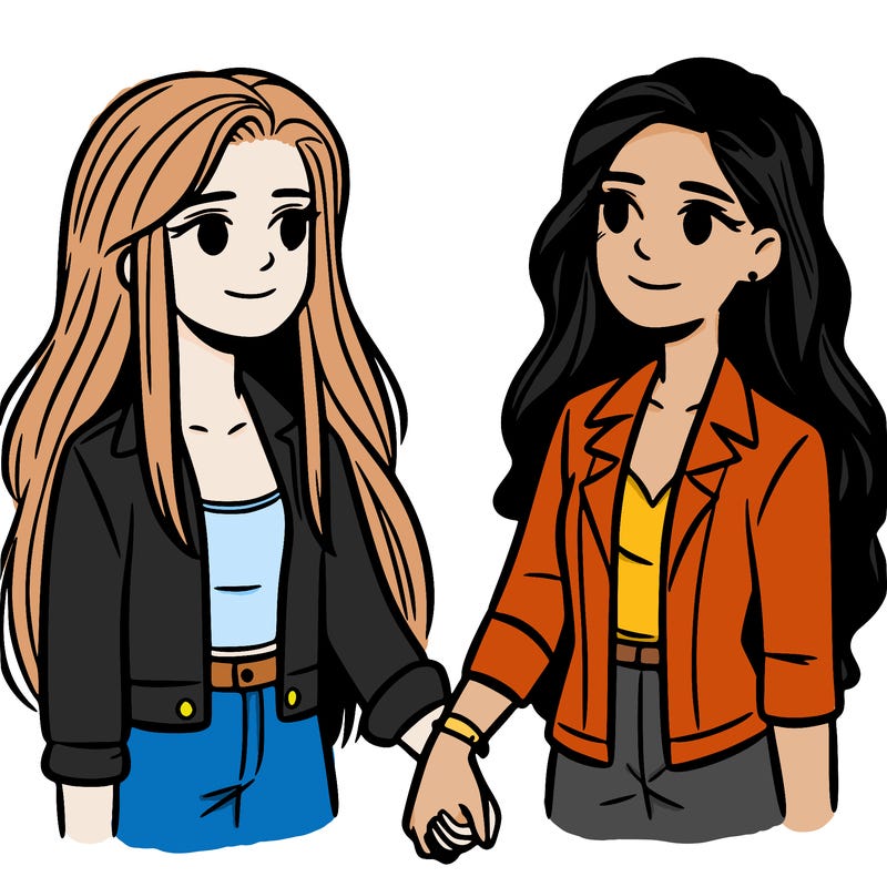 two teen girls holding hands, one with long hair and the other with shorter hair