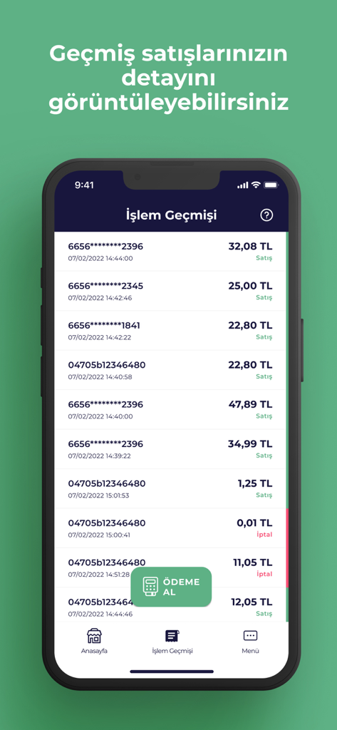 MultiPOS app transaction history screen showing a list of past sales