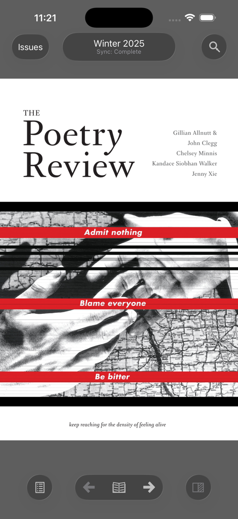 The Poetry Review mobile app screen showing the Winter 2025 issue cover