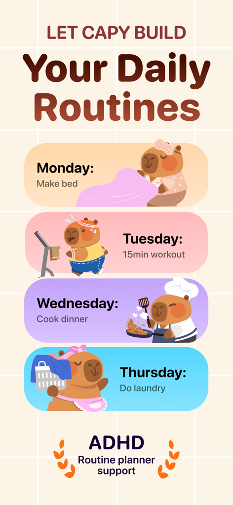 Capy: Self-Care Pet & Planner - Um pet capivara fofo ajudando usuários a rastrear rotinas diárias como exercícios e tarefas domésticas