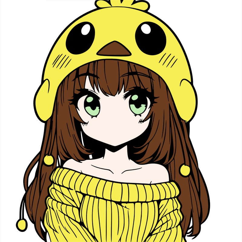 anime girl with chick shaped hat with sweater with bare shoulders with bangs covering them one eye with low tail