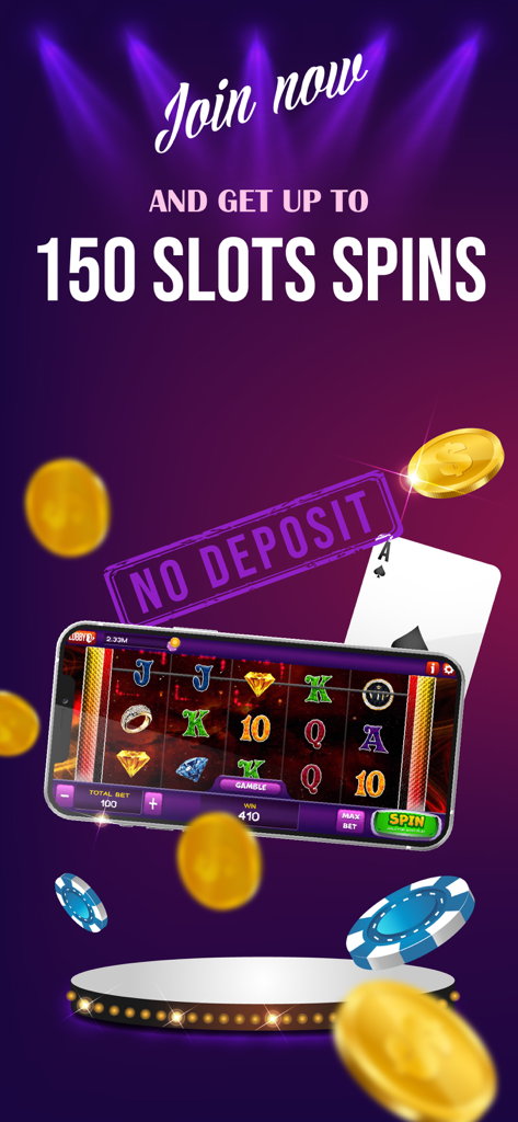 Online Casino: Slots Games - オンラインカジノのモバイルアプリプロモーション。デポジット不要のフリースロット150回分をフィーチャー。