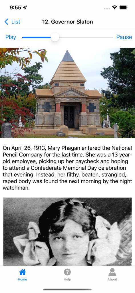 Atlanta's Oakland Cemetery - Audio tour screen showing the Governor Slaton mausoleum and Mary Phagan story in the Oakland Cemetery app