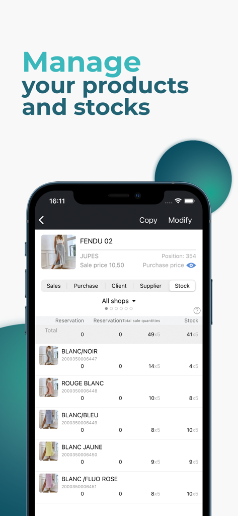 MC Boss 재고 관리 앱을 보여주는 스마트폰 화면, 패션 제품 재고 세부 정보 표시