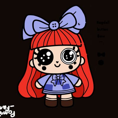 a ragdoll has a button on her right eye she has a bow and her name is ragatha