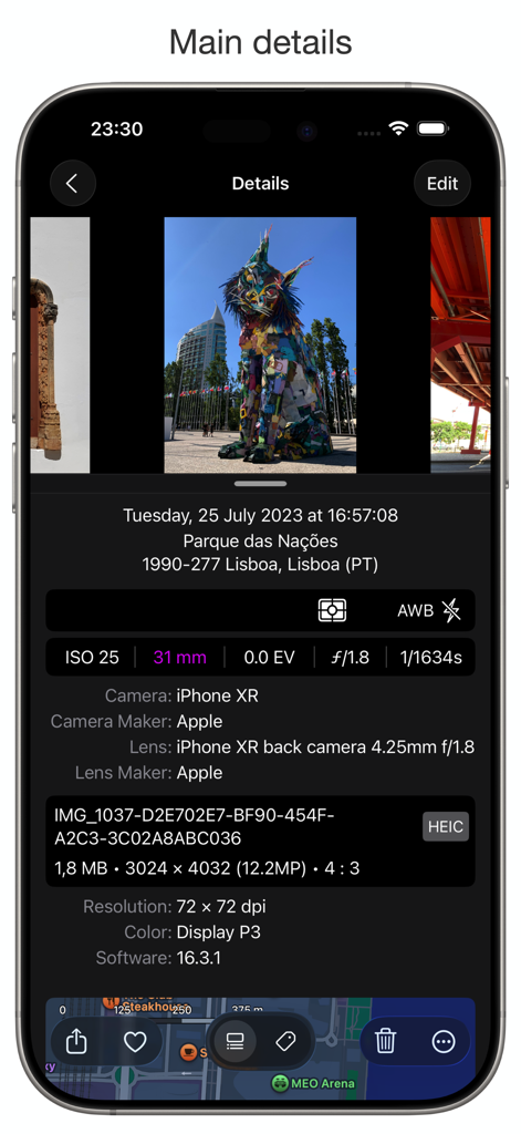 PhotInfo - PhotInfo 앱이 iPhone에서 상세 사진 메타데이터 및 GPS 위치를 표시하는 모습