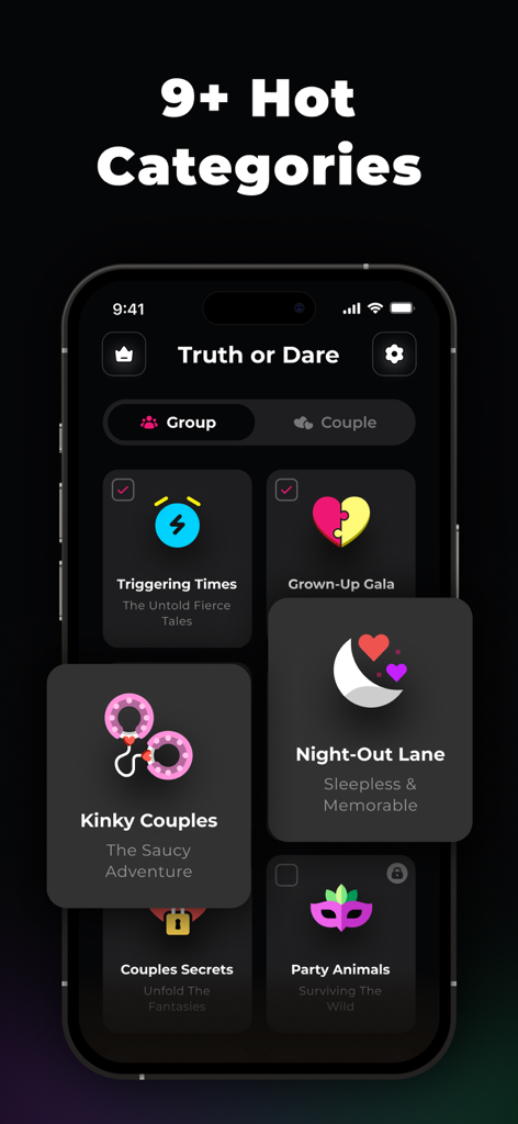 Dirty Truth or Dare Adult Game - Interfaz de la aplicación móvil Dirty Truth or Dare mostrando múltiples modos de juego como Parejas Traviesas y Camino Nocturno