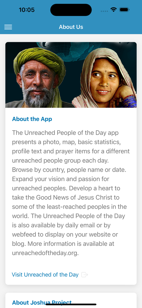 Tela Sobre Nós do aplicativo Não Alcançados do Dia mostrando a declaração de missão e uma imagem de um povo não alcançado
