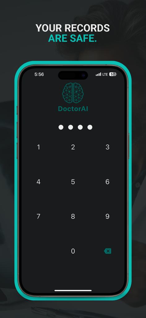 Passcode entry screen in the DoctorAI app illustrating medical data security