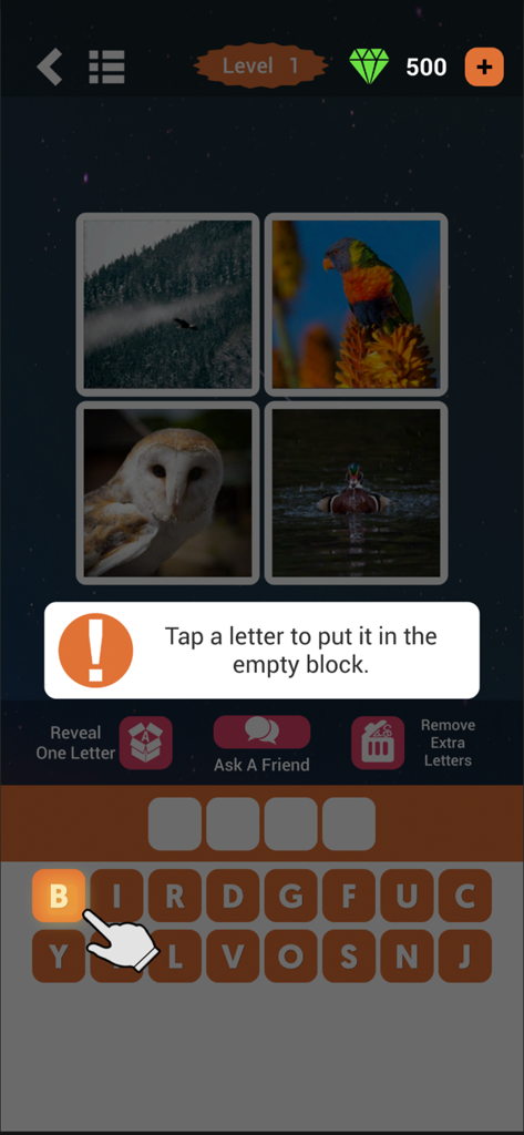 4 Pics 1 Word Puzzle - Gameplay screen of 4 Pics 1 Word showing four pictures of birds and a word puzzle level