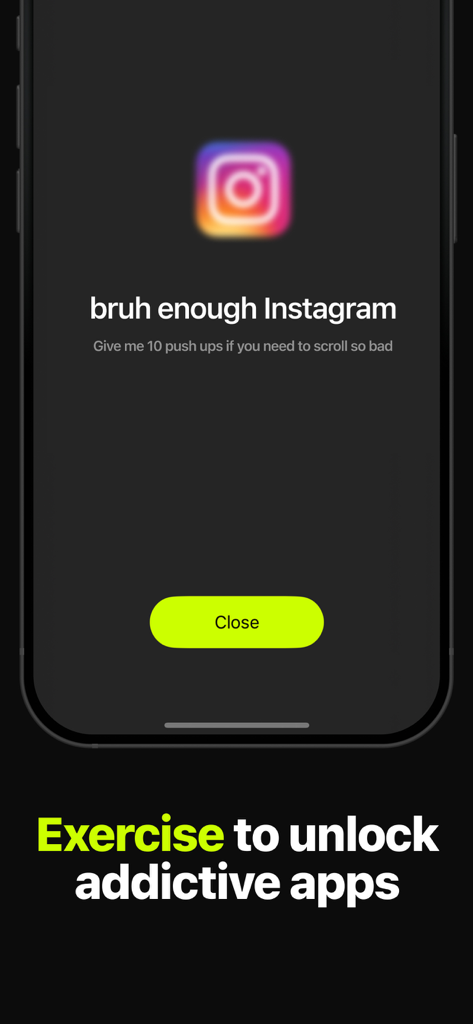 Repscroll: Push Up Screen Time - Repscroll app interface blocking Instagram and requiring 10 pushups to continue scrolling
