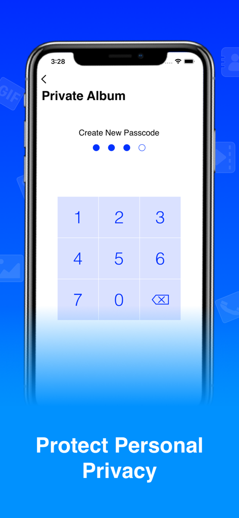 Super Cleaner - Photo & Phone - Interface of the Super Cleaner app showing the setup of a numeric passcode for a private album to protect personal privacy