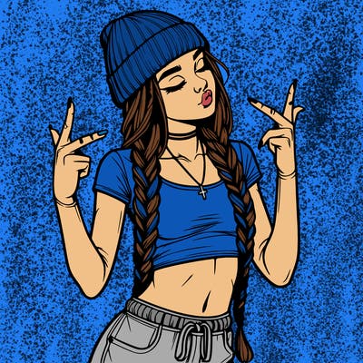 realistic teenage girl with braids and a beanie and crop top doing 🫶🏼