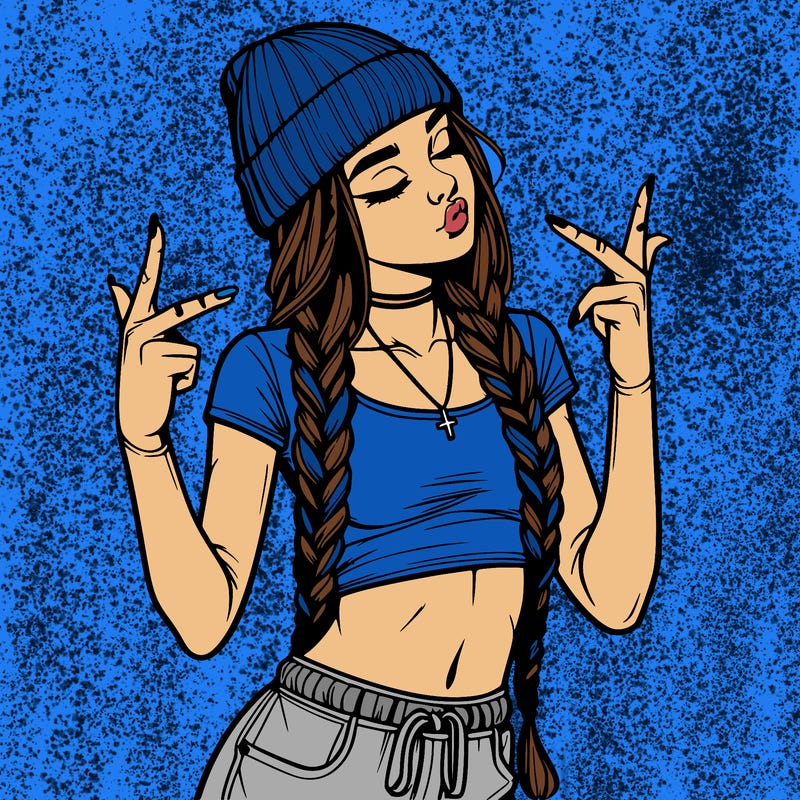 realistic teenage girl with braids and a beanie and crop top doing 🫶🏼