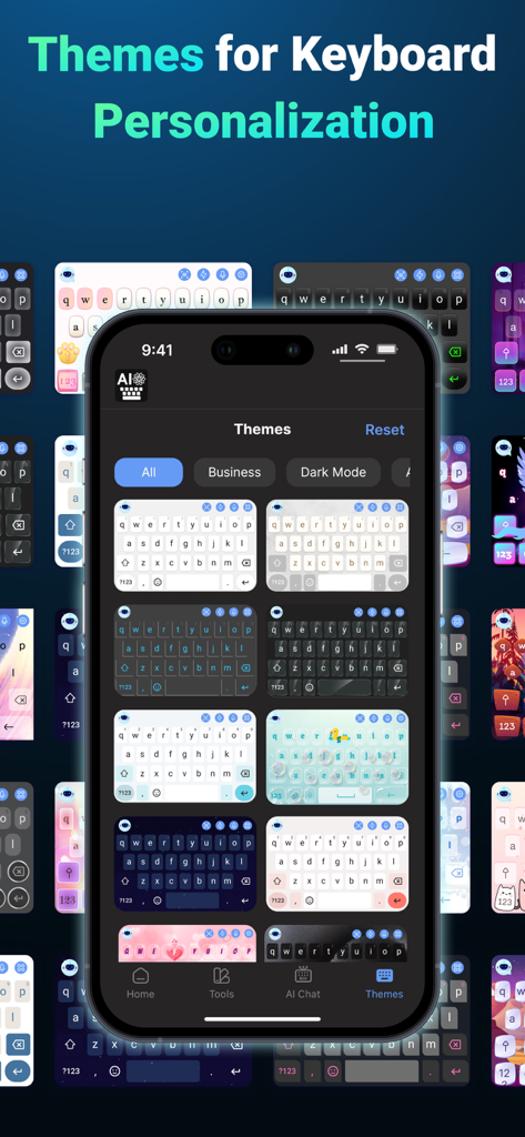 AI Keyboard: Grammar & Writer - Pantalla de varios temas y estilos de teclado personalizados en la aplicación Teclado IA