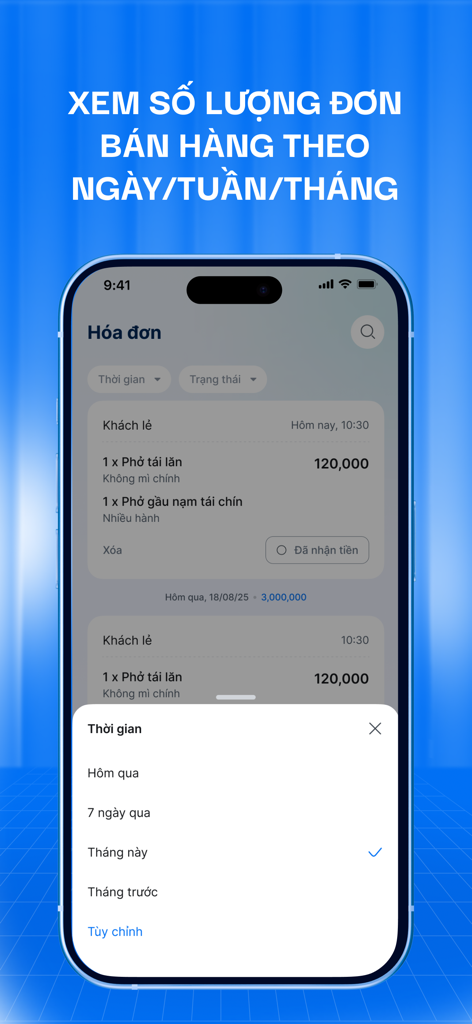 Knote - Mobile screen showing Knote app sales order history with time filter options