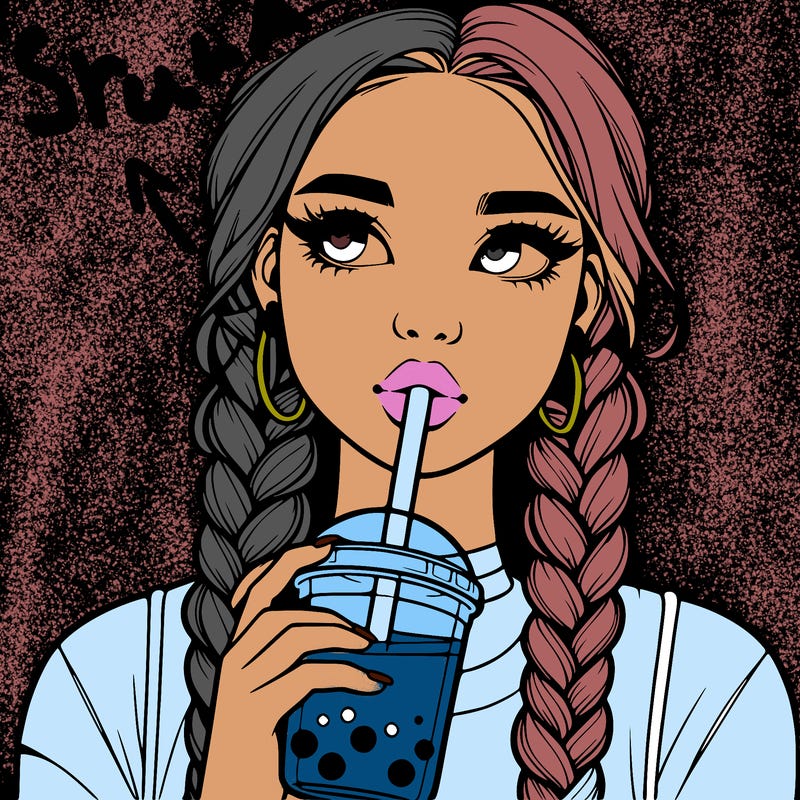 realistic girl with braided hair drinking boba