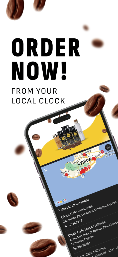 Clock Cafe - Clock Cafe mobile app displaying store locations map and order now call to action