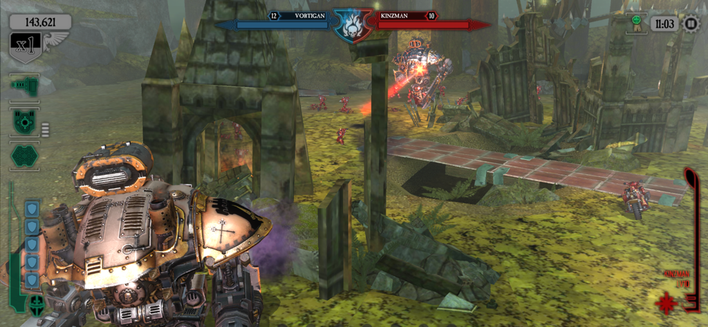 Warhammer 40,000: Freeblade - A giant Imperial Knight mech battles enemies in a ruined landscape in Warhammer 40,000 Freeblade