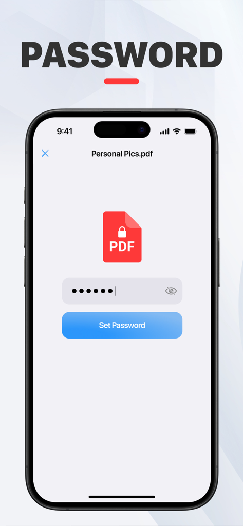 PDF Converter Image to PDF - Interface para definir uma senha para bloquear e proteger um documento PDF no aplicativo.
