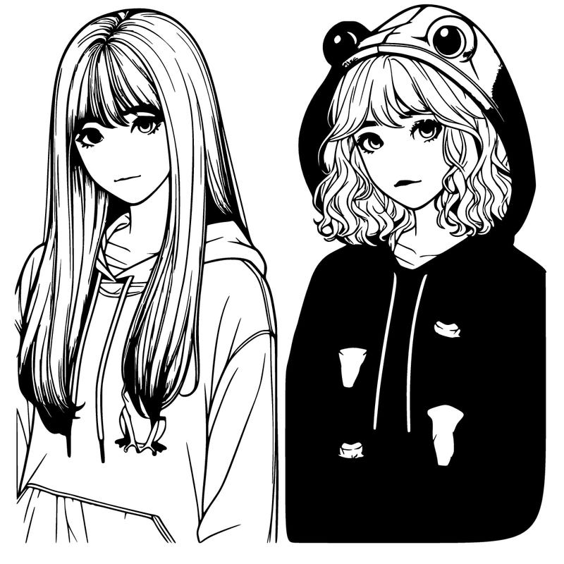 realistic teen girls (one girl with long straight hair one girl with short curly hair) side by side in froggy hoodies