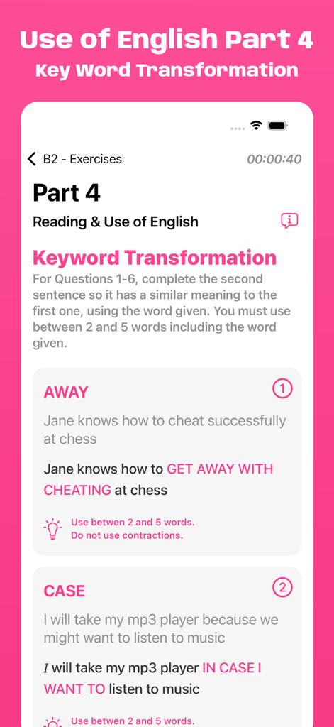 Schermata dell'app Cambridge B2 Exam Simulator che mostra esercizi di trasformazione di parole chiave Use of English Part 4