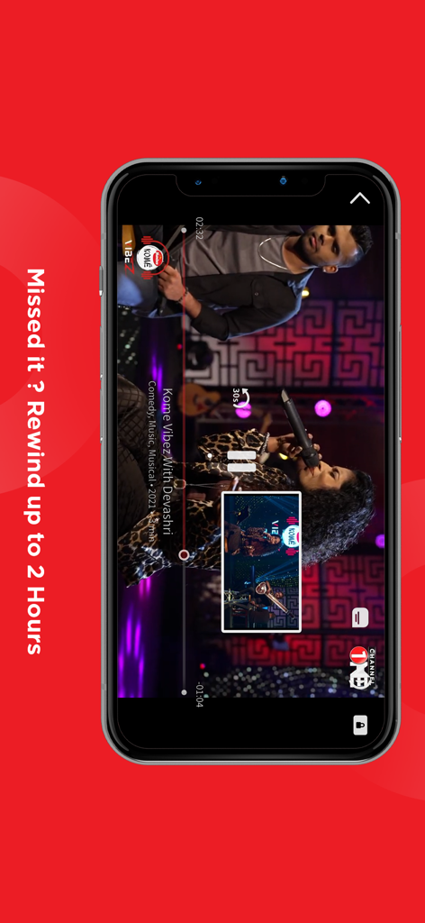 Dialog ViU app interface on a smartphone showing the two hour rewind feature during a video stream.