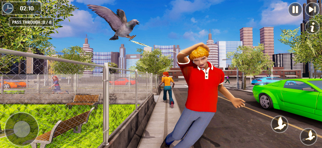 Pigeon Bird Flying Simulator - A pigeon pooping on a man in a city street in the Pigeon Bird Flying Simulator game.