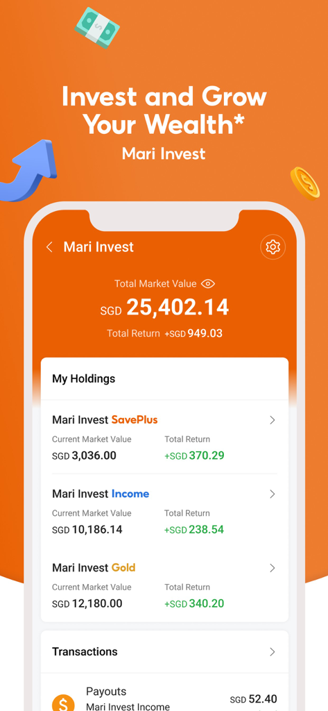 MariBank Singapore - Mari Invest Dashboard in der MariBank Singapur App, das den gesamten Marktwert und Anlagebestände wie SavePlus Income und Gold anzeigt