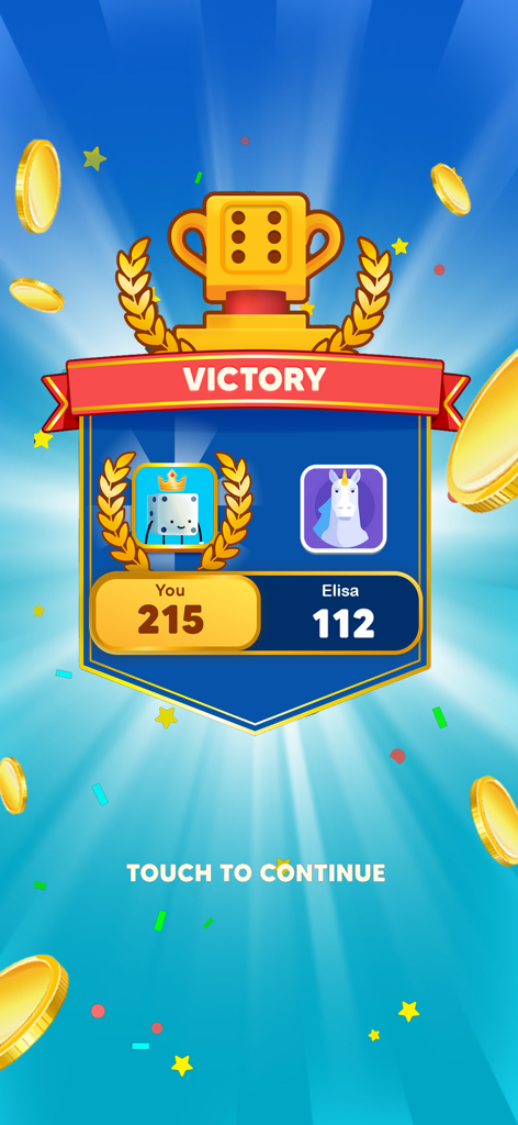 Victory screen of Yatzy Royal showing a winning score of 215 with a gold trophy and falling coins
