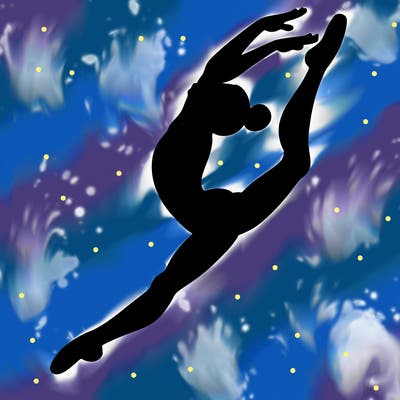 gymnast doing a leap in a leotard with a bent back leg