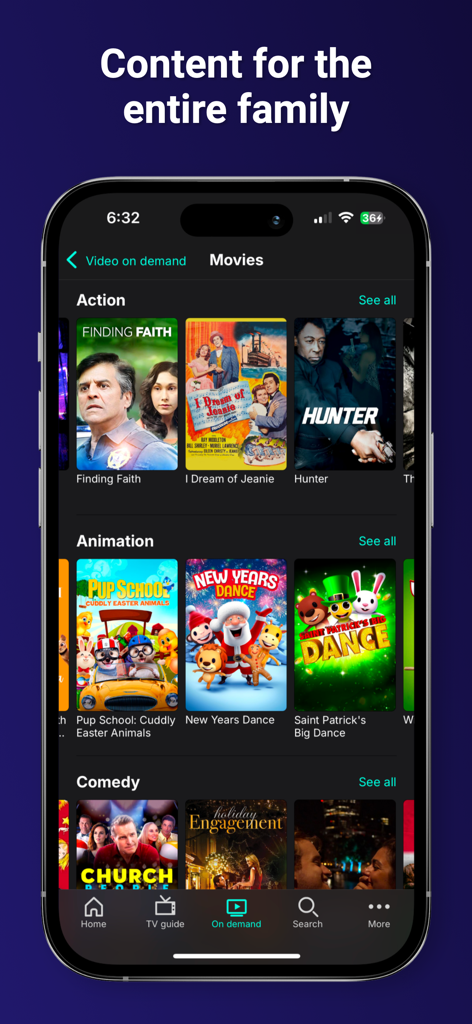 L'interface de l'application Truth plus montrant une variété de films familiaux et de catégories d'animation