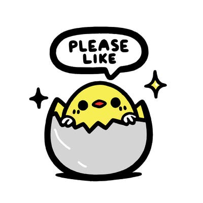 a tiny egg with a tiny bird looking out the top wich is cracked and the bird is saying please like
