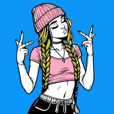 realistic teenage girl with braids and a beanie and crop top doing 🫶🏼