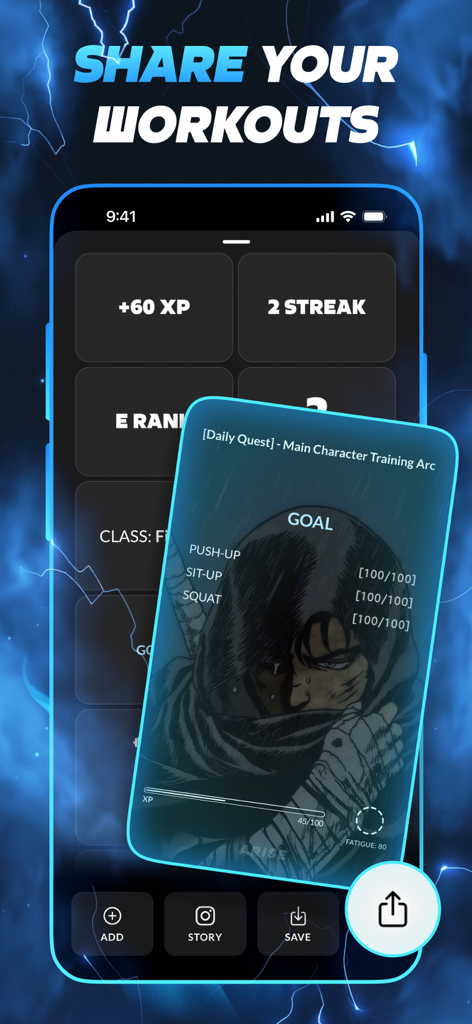 Arise app sharing screen featuring an RPG daily quest card with manga art