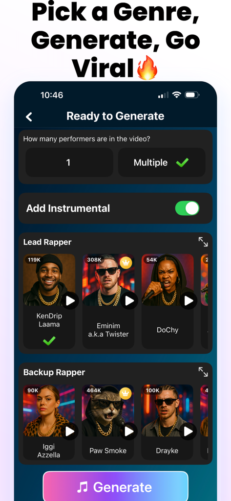 Rap AI - Make Music Videos - Interface of Rap AI app to select lead and backup rappers for generating a music video